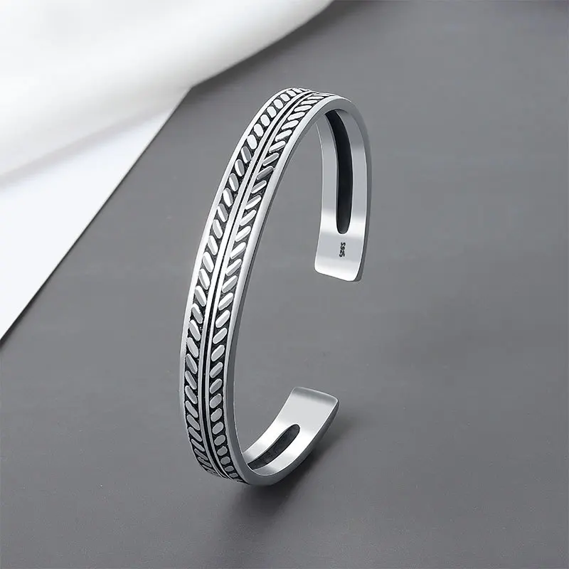 

VENTFILLE 925 Stamp Silver Color Feather Bangle Bracelet For Women Girl Texture Vintage Jewelry Birthday Gift Dropshipping
