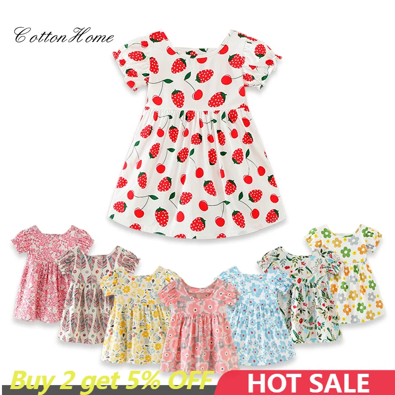 

Summer Girls Dresses Short Sleeve Flower Strawberry Print Kids Princess Dress Baby Children Cotton Casual Style Clothes