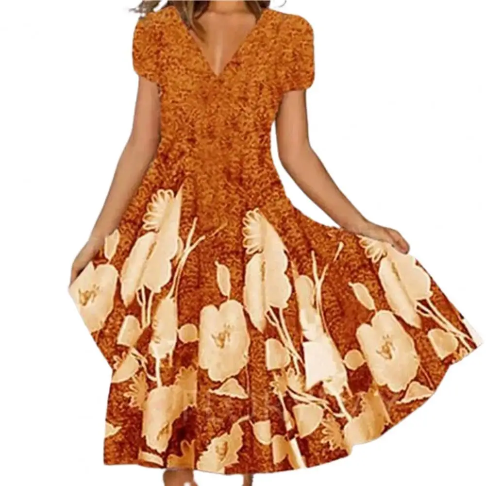 

Dresses for Women 2022 Elegant V-Neck Short Sleeve Large Hem Vivid Flower Printing A-Line Midi Dress Summer Female Clothes