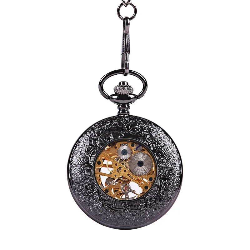 Luxury Black Mechanical Pocket Watch for Men Women Hollow Skeleton Case Roman Numeral Dial Fob Chain Pendant Clock Collection