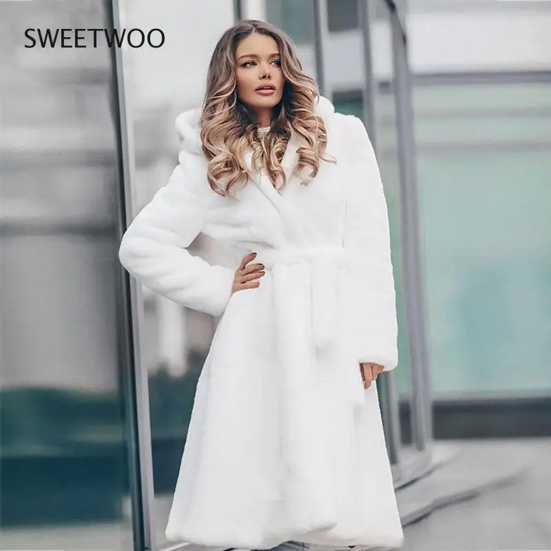 New Womens White Faux Rex Rabbit Fur Long Winter Hooded Coat for Female Fashion Luxury Faux Fur Jacket Contracted Slim Tide 2022