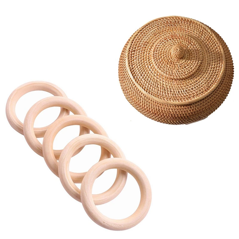 

5X Wooden Ring For Crafting DIY Craft Jewelry 30Mm & 1X Rattan Boxes With Lid Hand-Woven Multi-Purpose Wicker Tray