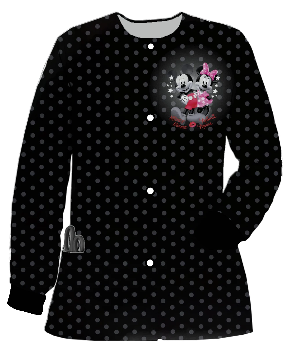 

Women's Beauty Salon Pet Shop Work Uniform Coat Disney Mickey Mouse Print Dentist Round Neck Scrub Jacket Nurse Care Worker Top