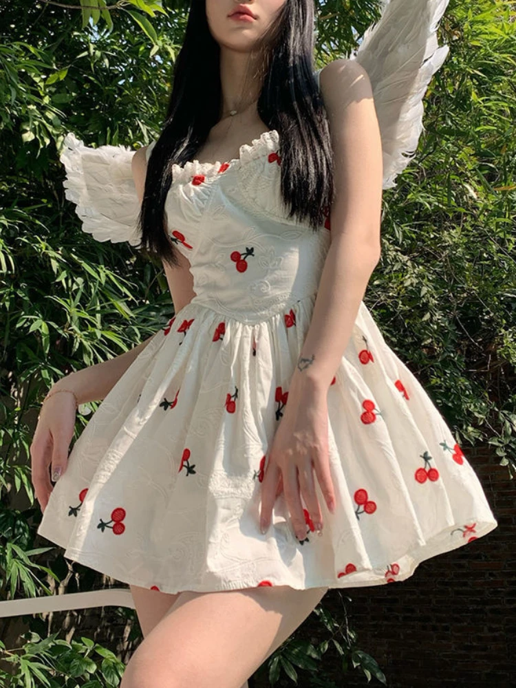 

HOUZHOU Sexy Cute Spaghetti Strap Mini Dress Women Summer Chic Elegant Lace Embroidery Sleeveless Lolita Princess Dress Party