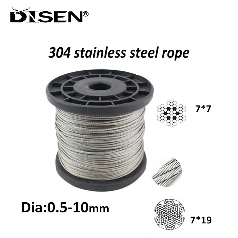 

1/10M Diameter0.5-10mm 304 Stainless Steel Wire Rope Cable Softer Fishing Lifting Cable Clothesline Rustproof Structure 7x7/7x19