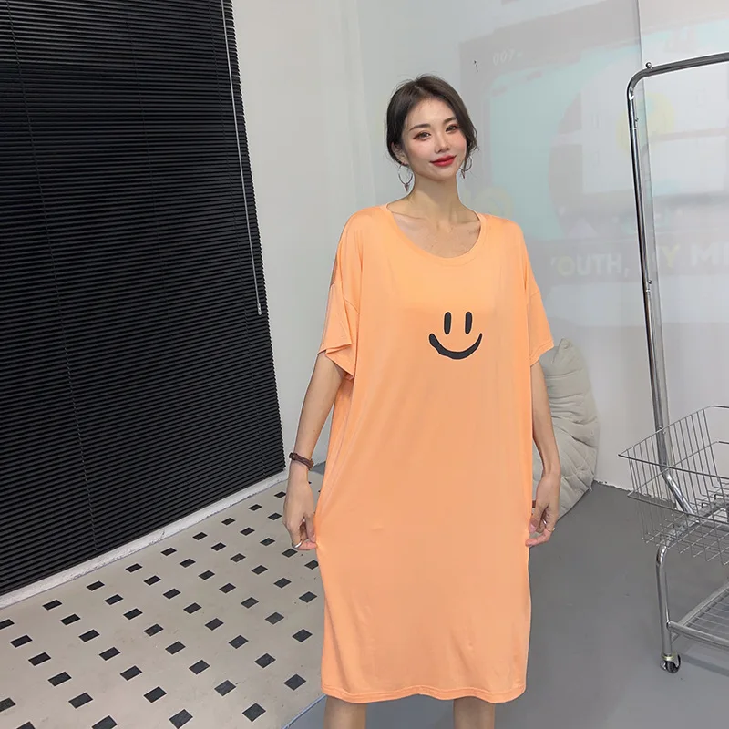 

Ms pajamas modal short-sleeved summer long thin ice silk leisure dress can be worn outside women nightgown loose comfortable