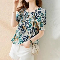 summer new womens clothing square collar fashion all match printing shirt ladies korean puff sleeve casual sweet style blouses