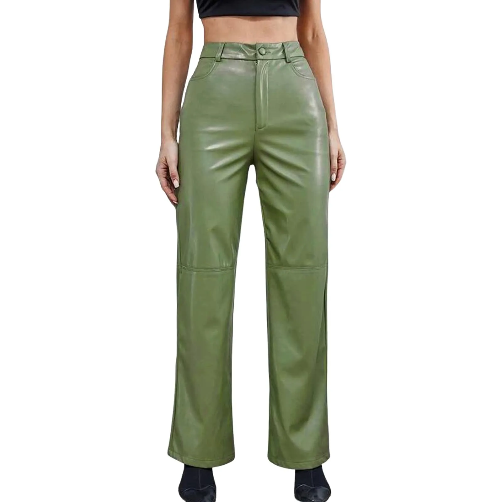 

Solid Vintage Fit Trousers Pants Leggings Women Slim Straight Pants Waist Leg Wide Faux Pockets Color Leather High Stretch 20