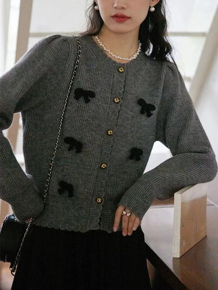 Женский Винтажный Белый Кардиган С Бантом Вязаная Куртка В Консервативном Стиле