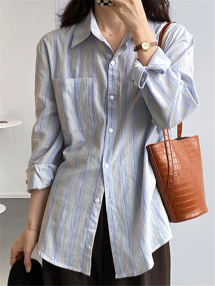 

Женская рубашка на пуговицах, элегантная Свободная Повседневная Блузка в Вертикальную Полоску с длинным рукавом, шикарные топы, весна 2022