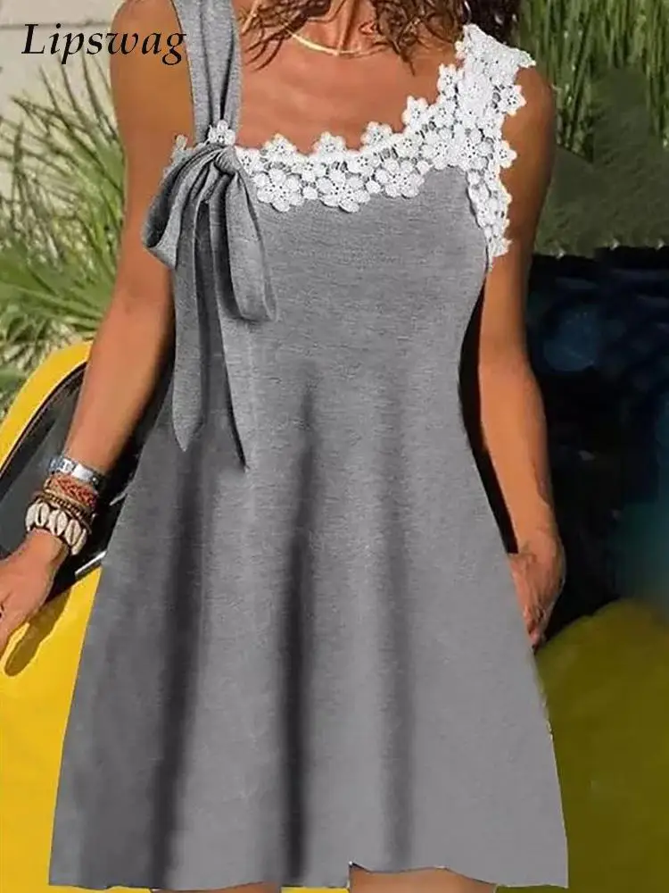 

Женское мини-платье с цветочным кружевом, повседневное свободное вечерние-пуловер без рукавов на завязках с бантом на лето, 2022