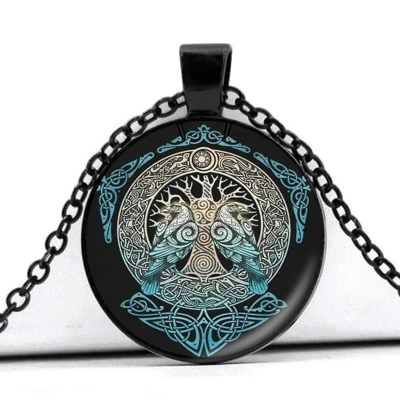 

Raven tree of life necklace Viking Crow Glass Cabochon Pendant Necklaces for Men and Women