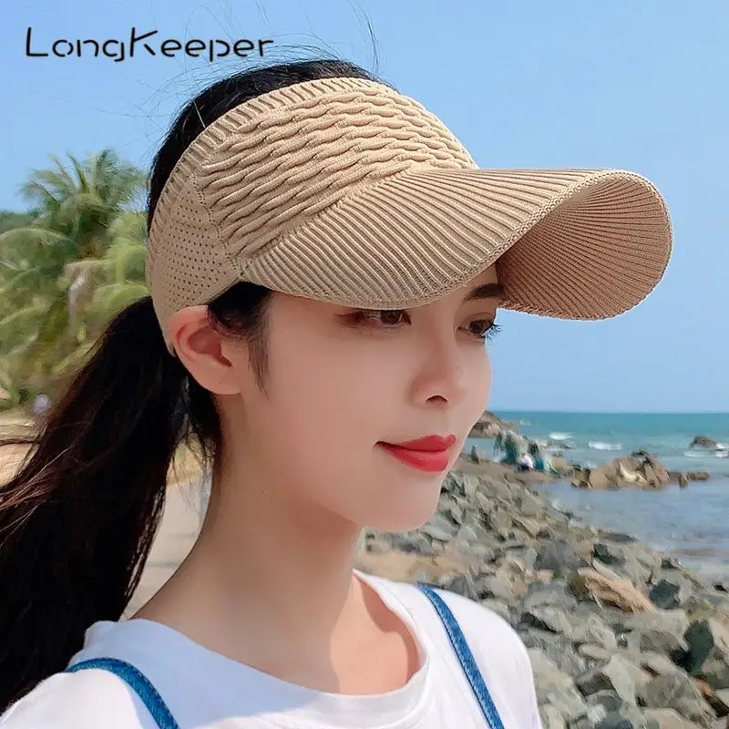 

Summer Sunshade Sun Hats Women Solid Elastic Long Wide Brim Cotton Empty Top Hat Outdoor Sports Cycling Visors Hats Breathable