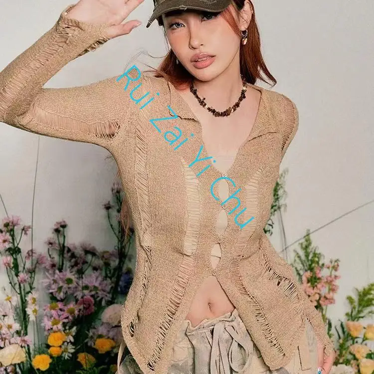 

New American Y2K Spice Girl Openwork Sweater Ladies Short Y2K Trend Slim Waist Long Sleeve Cardigan Top