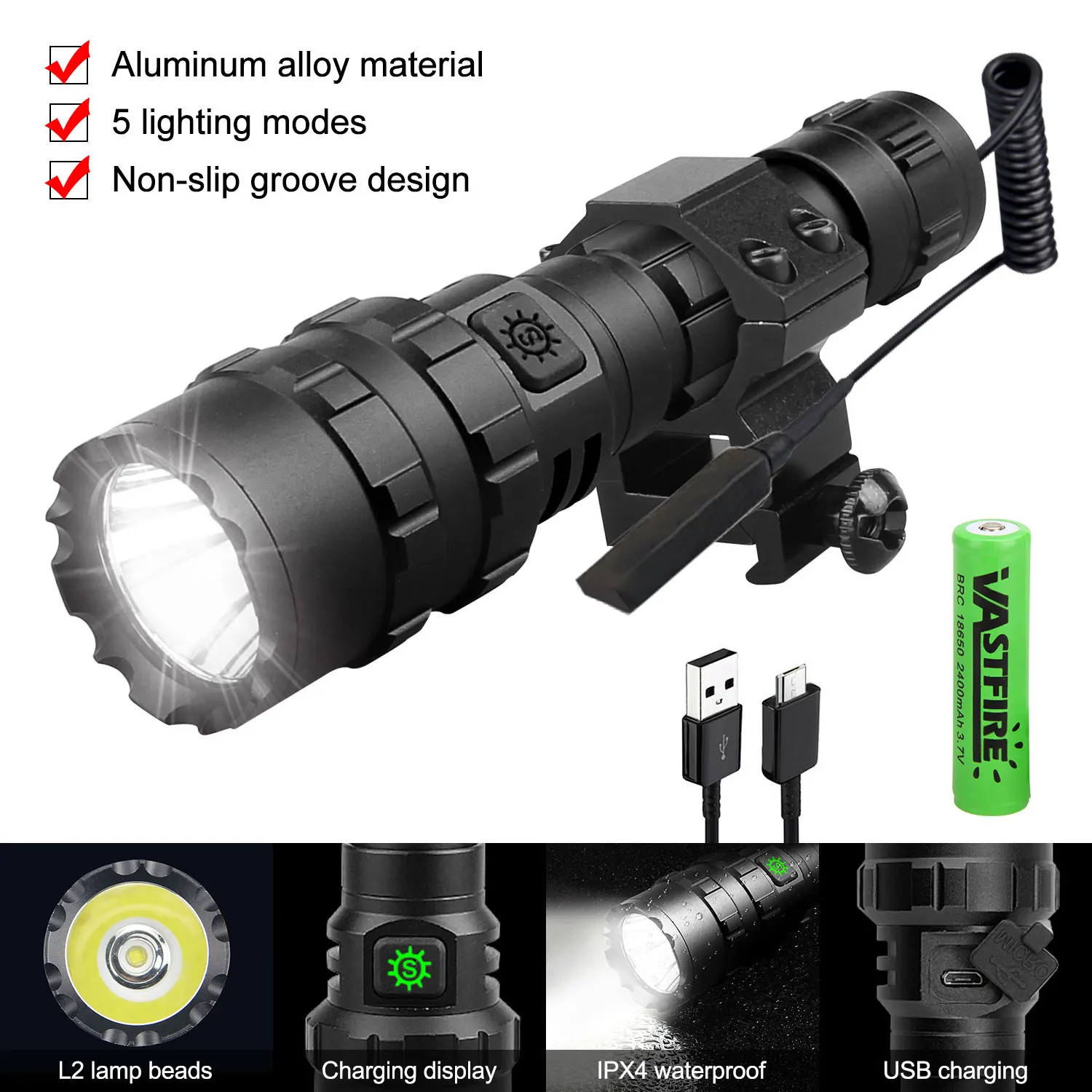 

Super Bright LED Hunting Flashlight Powerful Tactical 10W L2 Weapon Gun Light 5 Modes+Rifle Scope Mount+Switch+18650+Charger