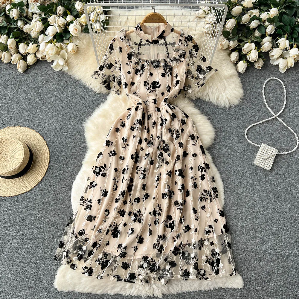 

Gentle Tea Break French 2022 Summer Dress Chic Design Flocking Printed Skirt Tucked Waist Large Swing A-Line Midi Skirt