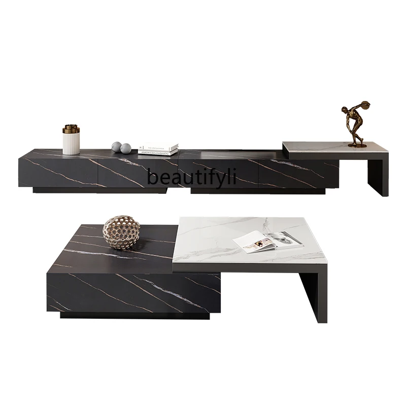 

yj Italian Minimalist Retractable Stone Plate TV Cabinet Light Luxury Living Room New Solid Wood Floor Cabinet
