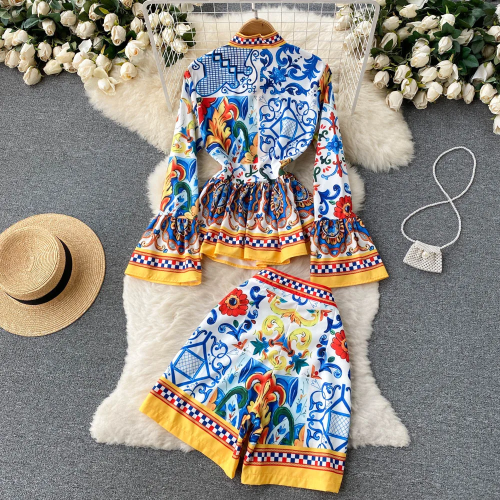 

Short Pants 2 Pieces Outfits Chic Flare Sleeve Bow Neck Ruffles Blouse Shirts Wid-Leg Tracksuit Women Two Piece Set High Street
