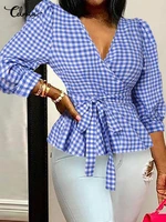 celmia women 34 sleeve shirts 2022 summer plaid short blouses sexy female peplum tops v neck fashion elegant wrapped blusas