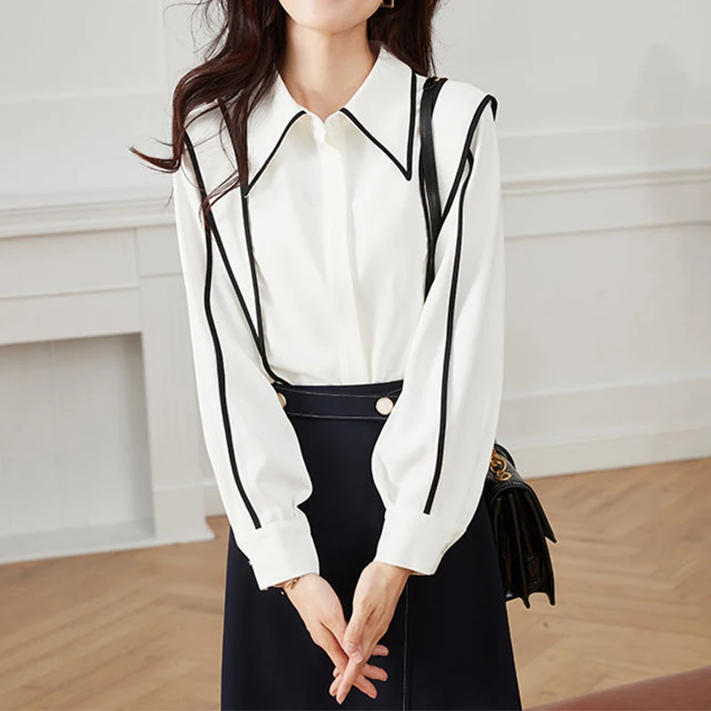 Women Elegant Fashion Bright Line Shirt Spring Autumn Decoration Simple Office Lady Blouse Ladies Long Sleeve All-match Tops