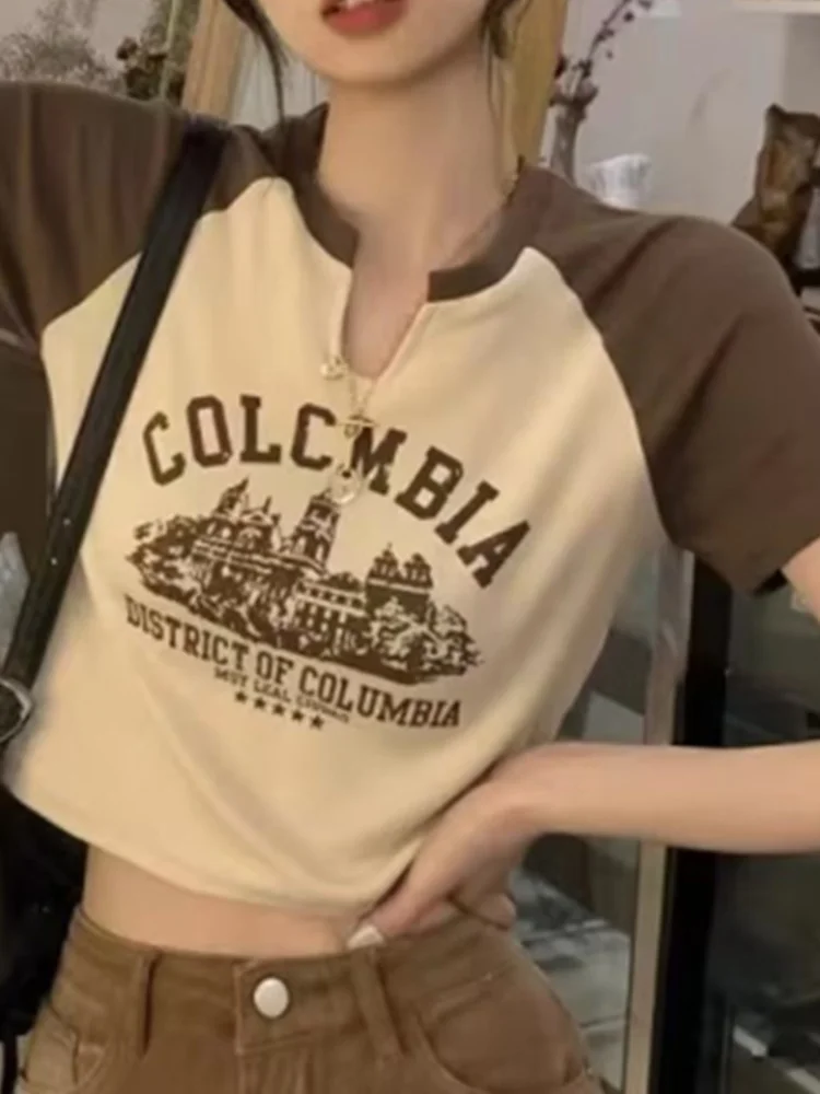 

Casual Women Brown Castle Print Color Blocking Tees 2022 Summer Fashion Ladies Casual Female Knitted Short Sleeves Top