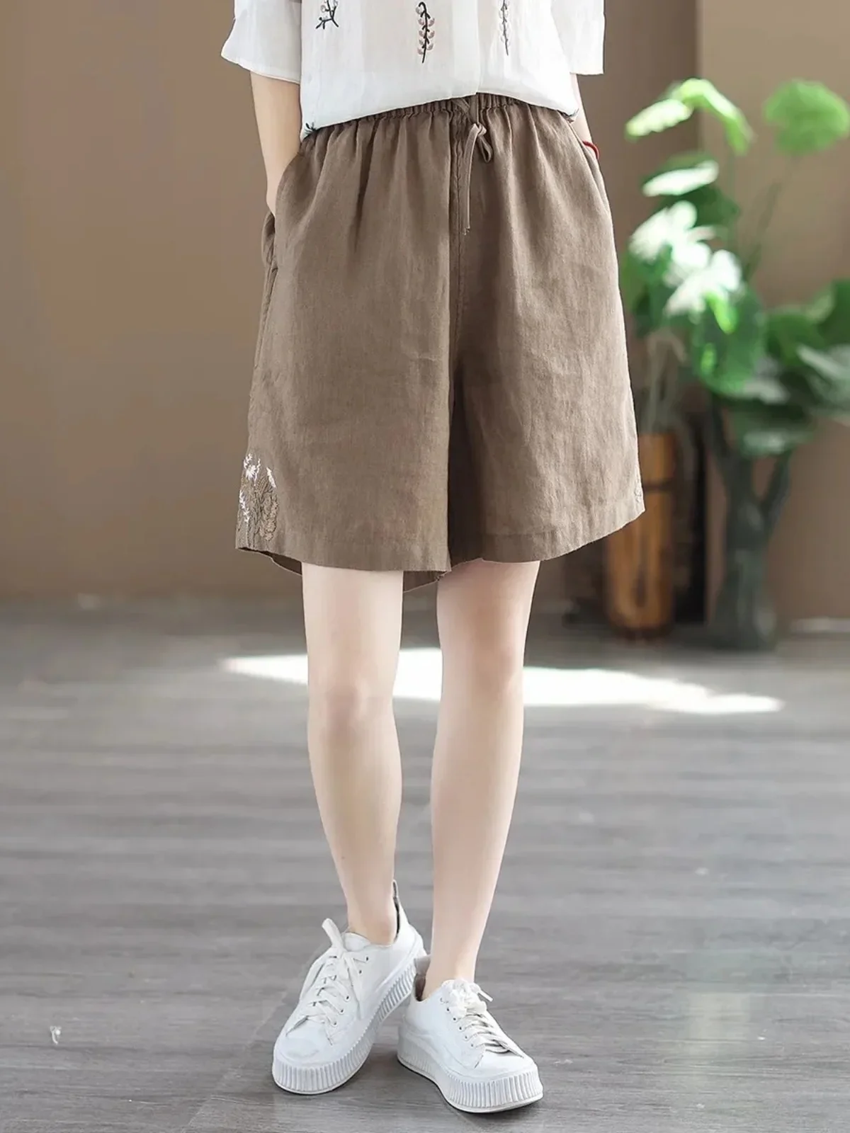 Хлопковые и льняные шорты весна-лето женские брюки с вышивкой модные широкие