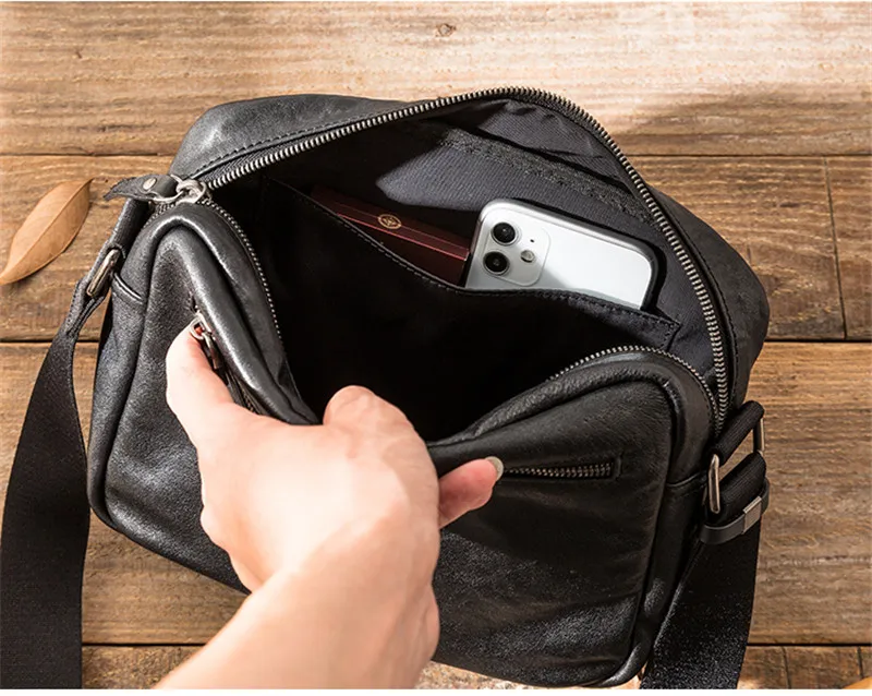 Simple casual luxurious natural genuine leather men's Joker shoulder messenger bag vegetable tanned cowhide youth black parcel