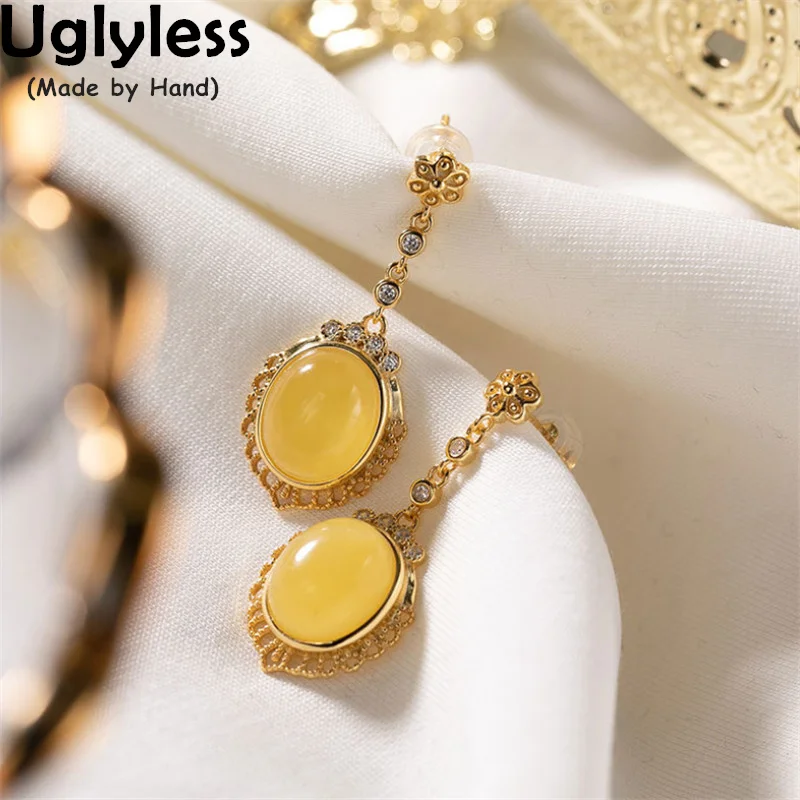 

Uglyless Elegant Lady Natural Amber Beeswax Earrings for Women Real 925 Silver Crystals Brincos Gold Gemstones Fashion Jewelry