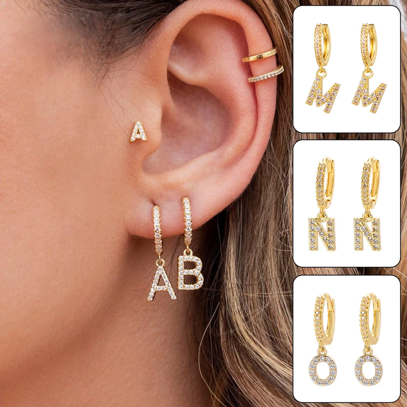 

Women's 26 Letter Earrings Punk Gold Plated Earrings Inlaid Zircon Temperament Earrings Ear Clips Copper