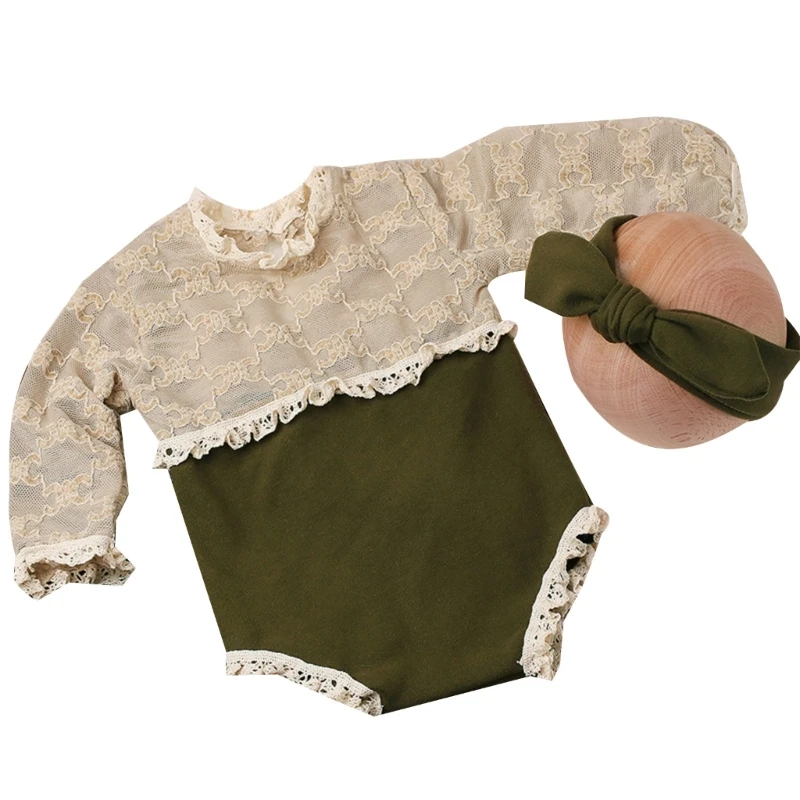 

57EE Newborns Shower Gift Photo Clothes One-piece Bow Headband Baby Photoshoot Outfit