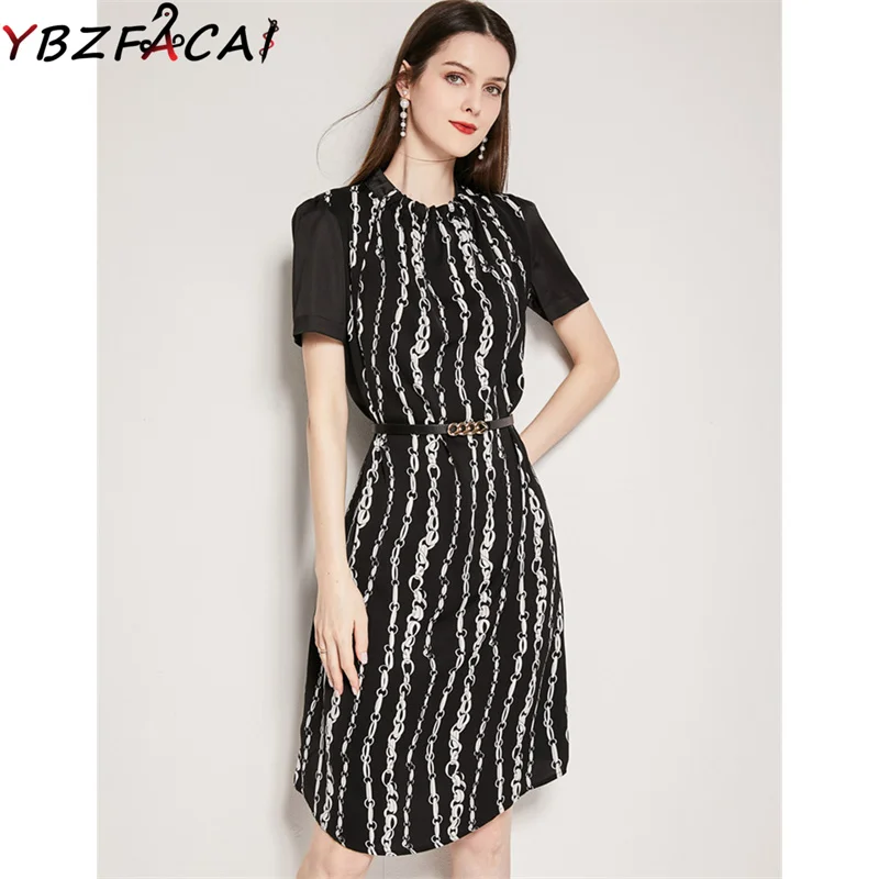 

Женское Короткое атласное платье с коротким рукавом, модное летнее простое приталенное платье черного цвета на шнуровке, с принтом цепей и ...