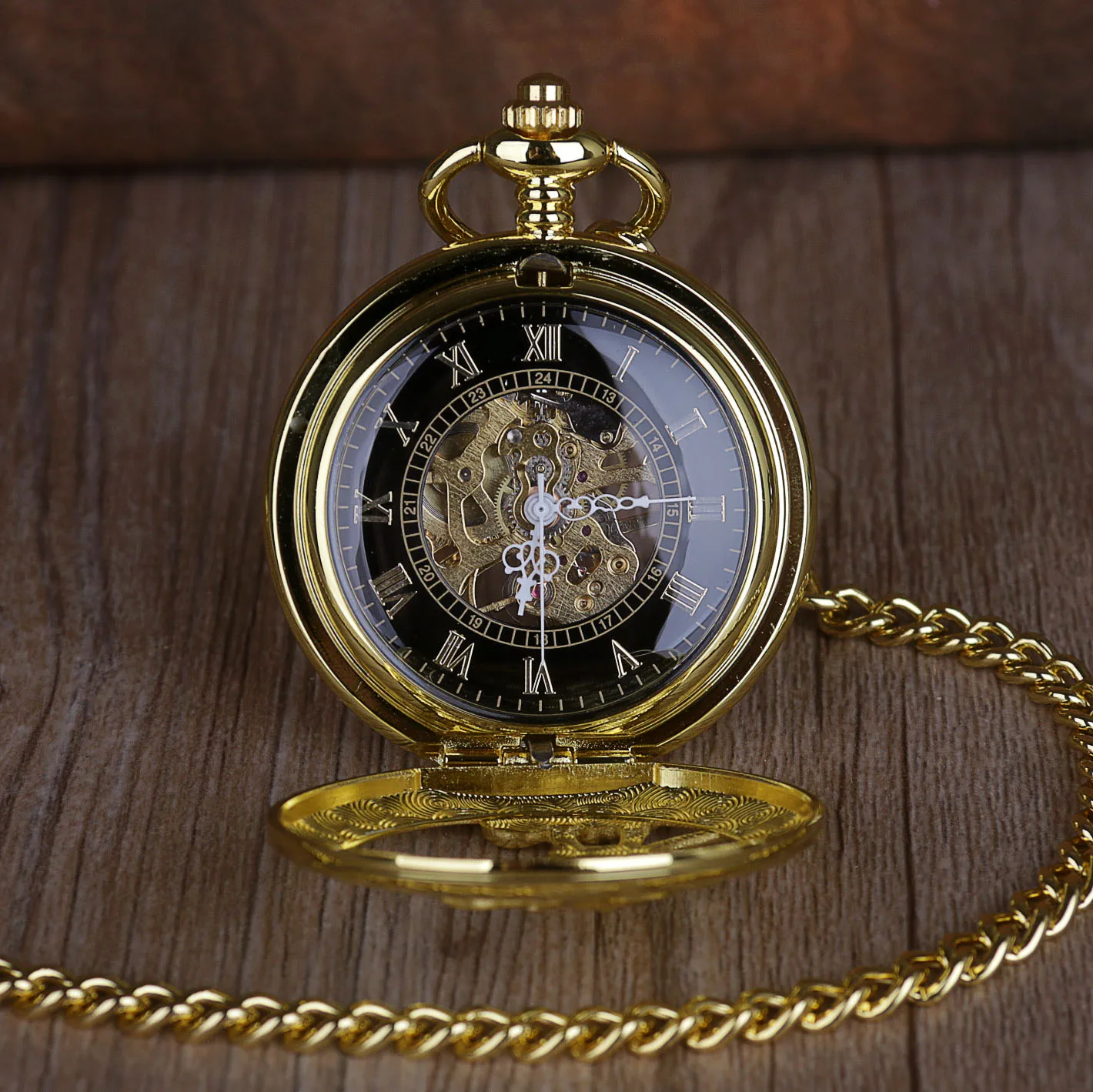Gold Animated Engraved Vintage Mechanical Pocket Watch Roman Numerals Display Strap Chain Pendant Gift Men Women