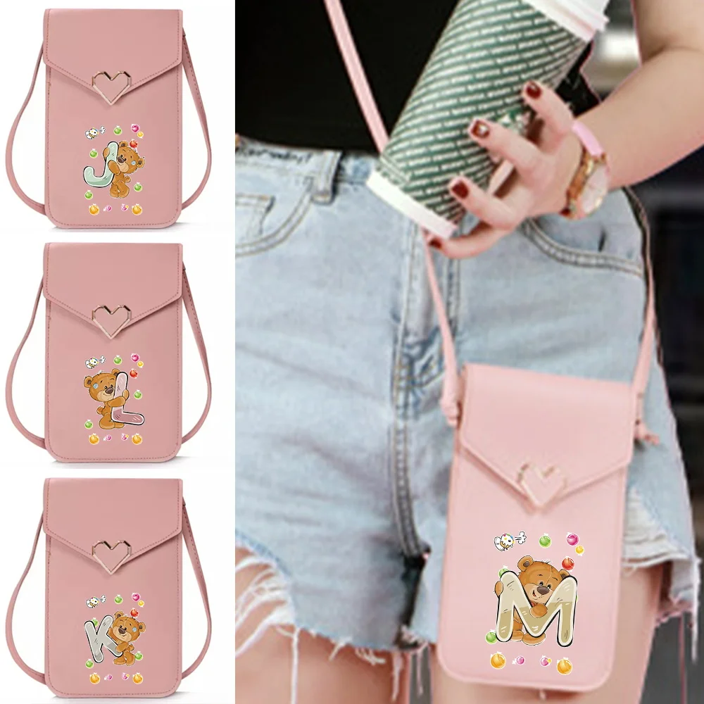 

For Women's Bags Leather Wallet Card Holder Touch Screen Mobile Phone Bag Female Shoulder Crossbody Pack Bear Letter Print Purse