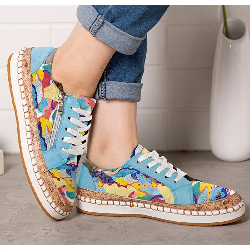

2024 Autumn Women Vulcanized Shoes Floral Printed Lace-Up Female Flat Shoes Fashion Ladies Casual Flower Skateboard Sneakers