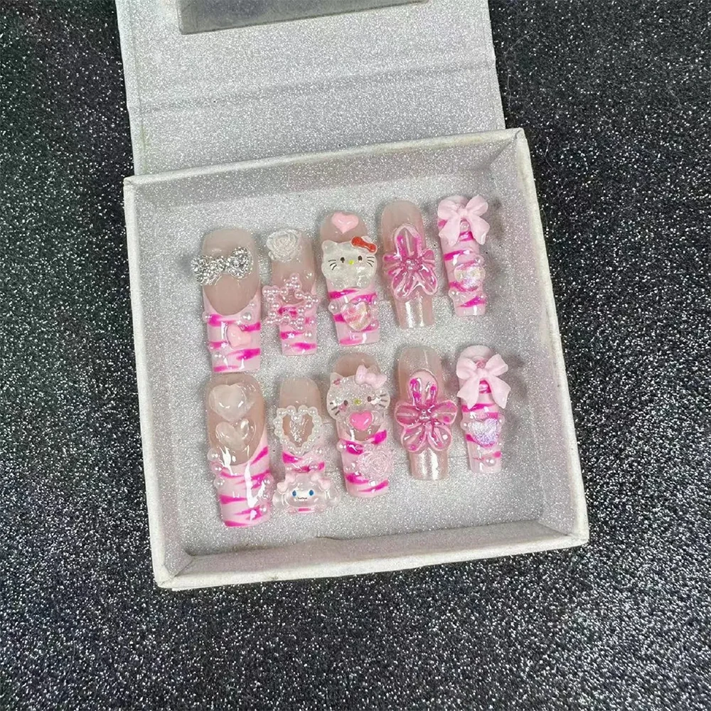 Длинные квадратные накладные ногти ручной работы Kawaii Hello Kitty Cinnamoroll Mymelody Kuromi Spice Girl
