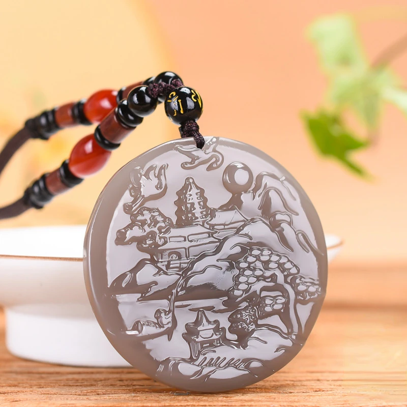 

Color Jade Landscape Pendant Necklace Natural Jadeite Chinese Hand-Carved Fashion Jewelry Charm Amulet Gift Crafts for Women Men