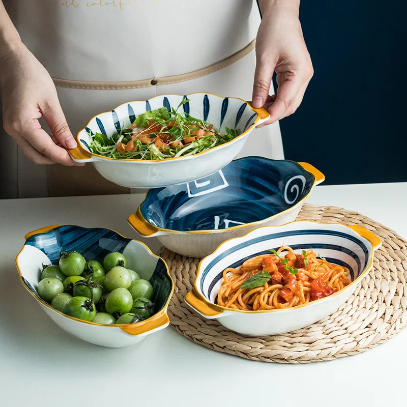 

Japanese-style Bowl Household Single Creative Baking Bowl Dan-shaped Binaural Microwave Oven Baking Bowl Fruit Salad Bowl