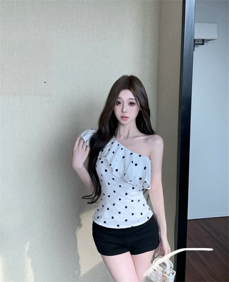 Женская одежда 2025 года женские белые топы в горошек с оборками во французском
