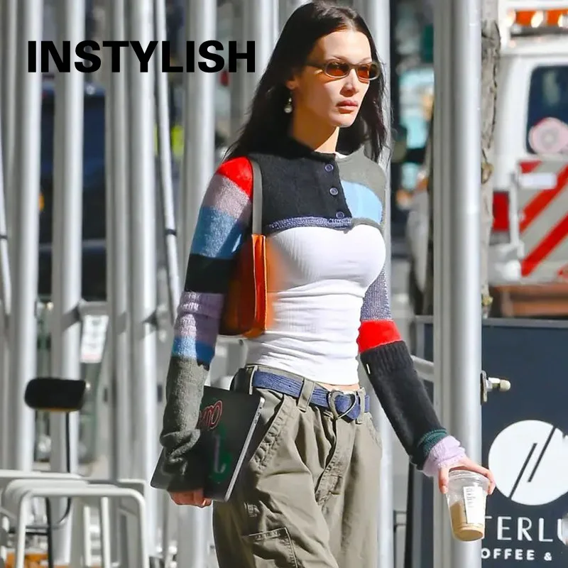 

Vintage Y2K Patchwork Crop Top Knitted Button Long Sleeve T Shirt Women Summer Sun Protection Breathable Cardigans Fashion Tee
