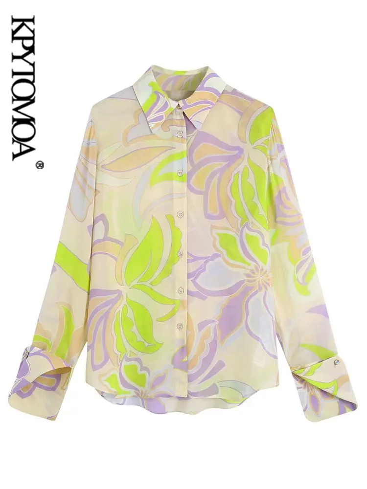 

KPYTOMOA Women Fashion Printed Asymmetric Shirts Vintage Long Sleeve Button-up Female Blouses Blusas Chic Tops