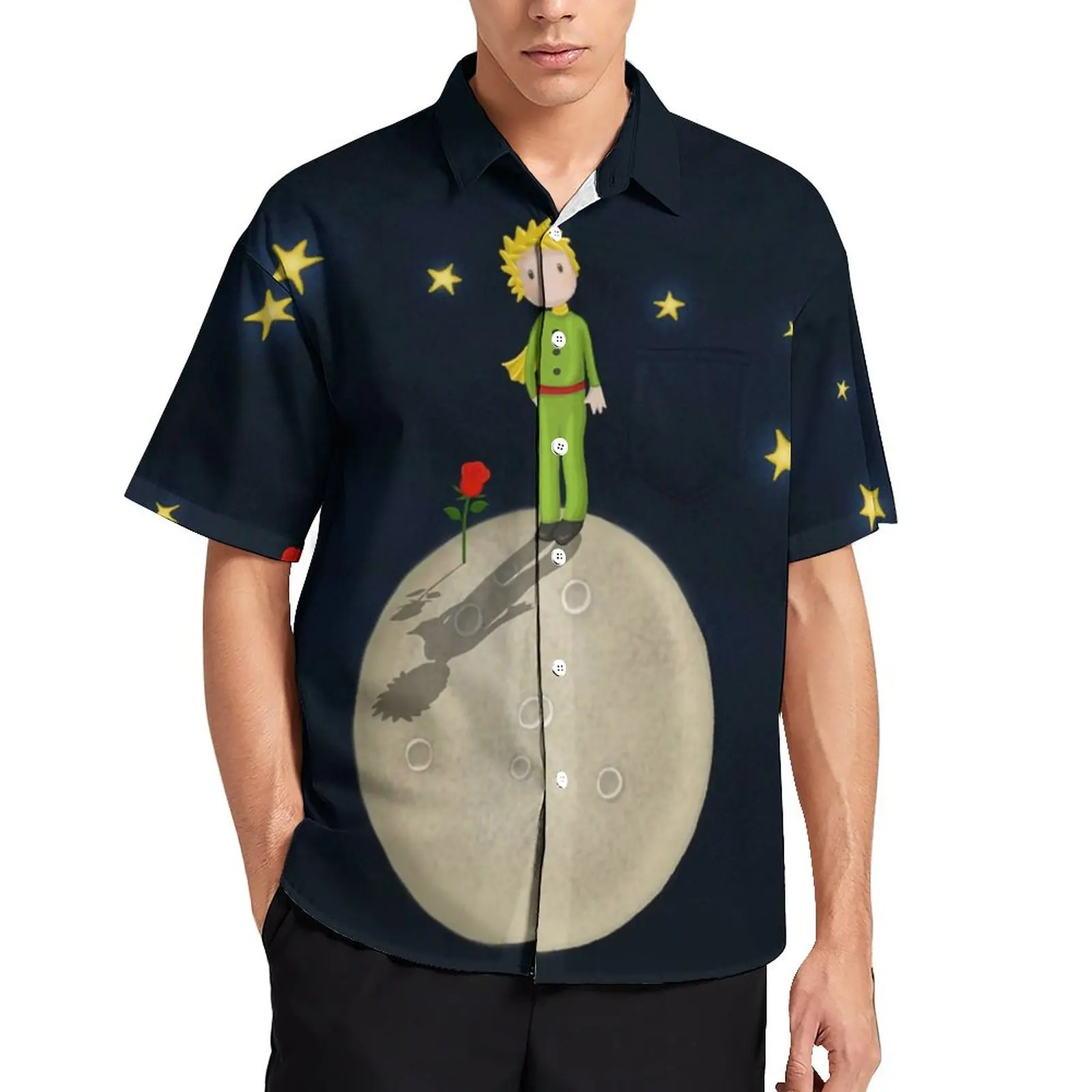 

Повседневная рубашка Little Prince, свободная рубашка для отпуска с принтом красной розы и Луны, Гавайские стильные блузки, топы оверсайз с коротким рукавом и графическим принтом