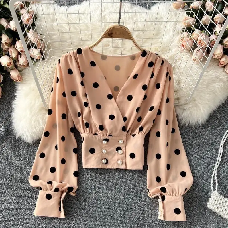

Summer Long Puff Sleeve Shirts Blouse Women Streetwear Fashion 2023 New Deep V Neck Sexy Polka Dot Slimming Crop Top T234
