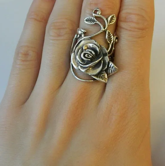 

Handmade Antique Silver Color Large Rose Flower Carve Ring Wedding Floral Rings for Women Engagement Antique Jewelry