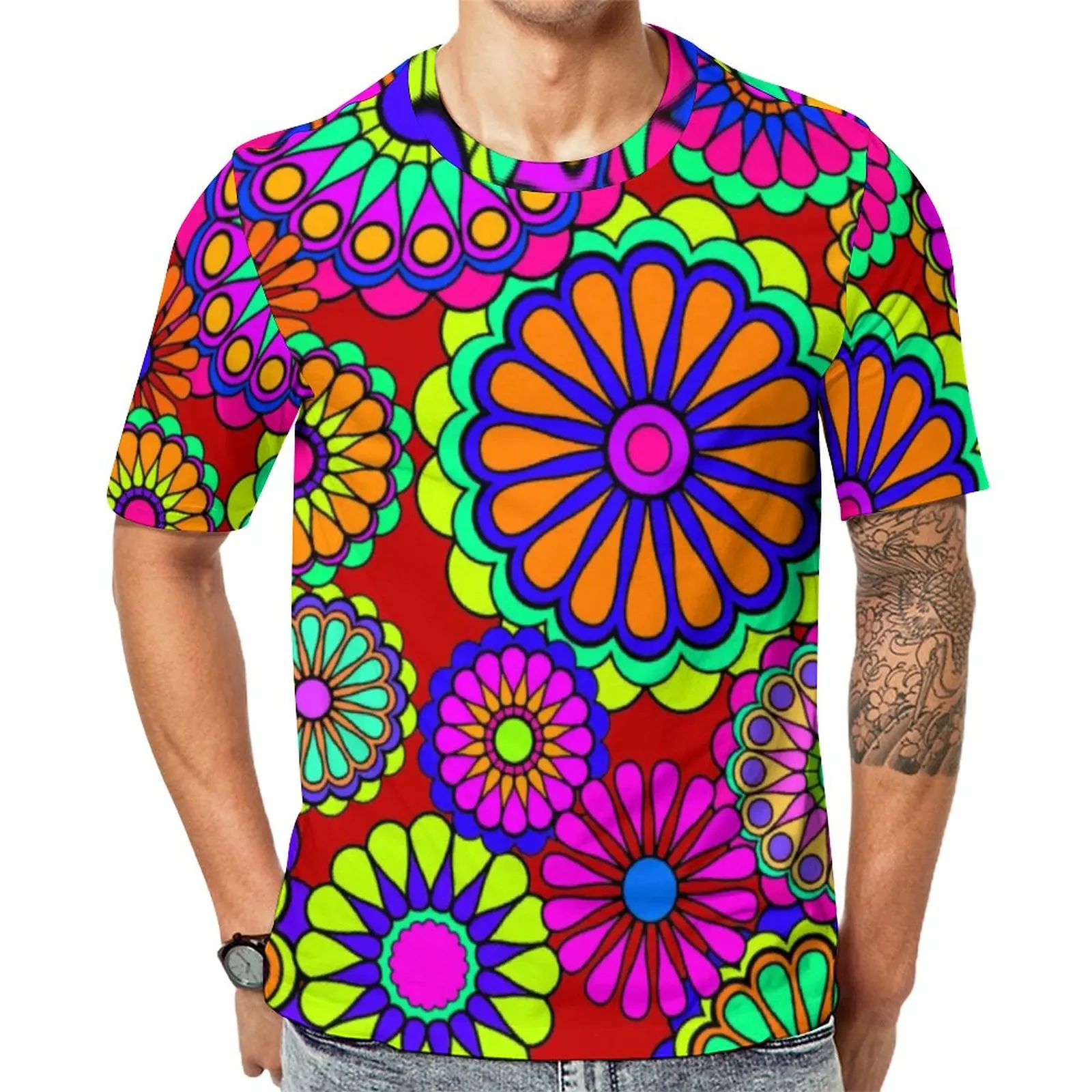 

Красочная футболка с цветочным принтом, Ретро стиль, хиппи, уличная одежда, футболки с круглым вырезом, популярная Летняя мужская футболка с графическим рисунком, приблизительно 6XL