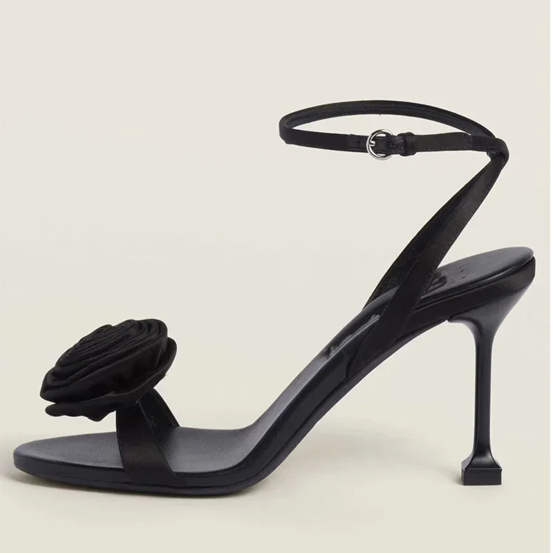 Французские атласные туфли-лодочки с открытым носком и цветком розы сексуальные