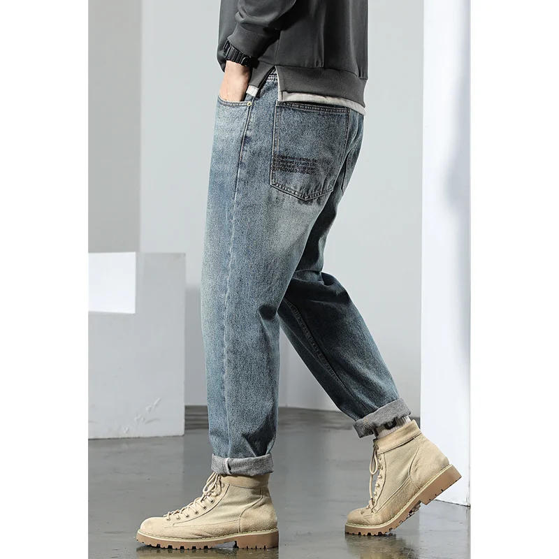 Streetwear Men 2022 New Pattern Vintage Recreational Blue Jeans Loose Broad Straight Cylinder Leg Trousers Autumn Female Trend