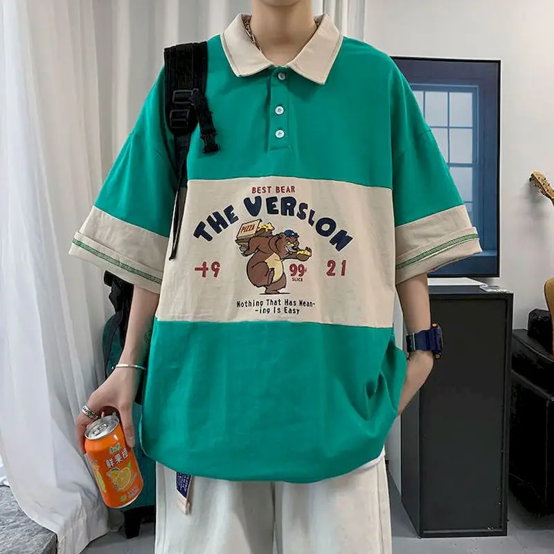 

Men's T-shirt Pure Cotton Lapel Polo Tshirt Men Women Short Sleeve T-shirt Bear Print Youth Loose Five-point Sleeves 2022 Summer
