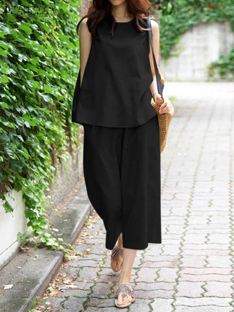 

ZANZEA Summer Matching Sets Sleeveless O-Neck Tank Tops Wide Leg Pant 2PCS Woman Fashion Loose Suit Casual Beach Tracksuits 2023