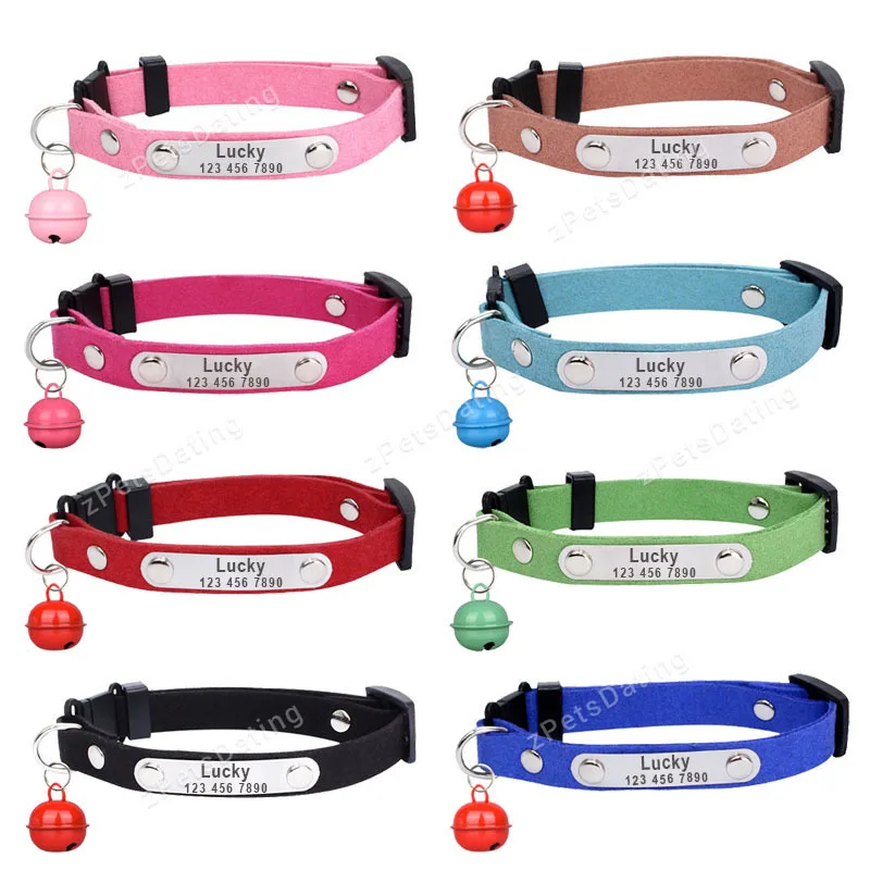 

Personalized Cat Collar Suede Microfiber Cat ID Collars With Bell Free Engraving for Cats Small Dogs Chihuahua Anti-Asphyxiation