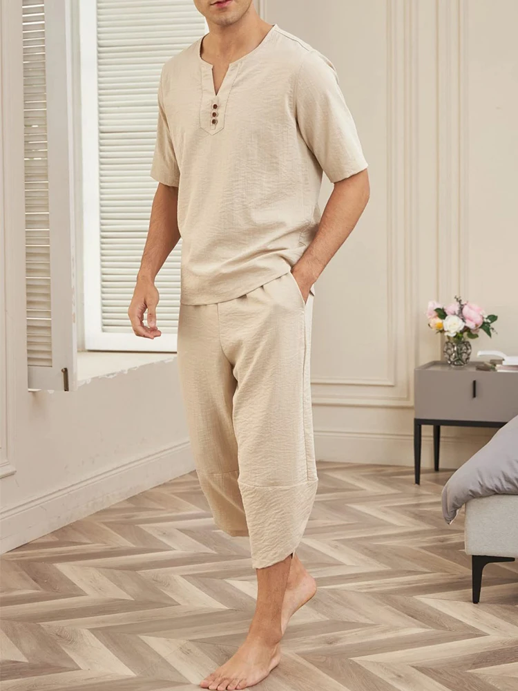 

Men Set Casual Suit Cotton Linen Shirt + Long Solid Pants 2 Pieces Sets 2022 Beach Holiday Clothes Casual New 2022 Streetwear